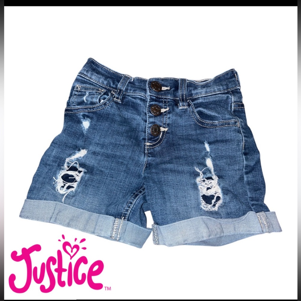Justice-Girl Size 7- Blue distressed denim Denim Faux 3 Button Fly Snaps.